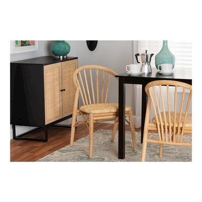 Natural Brown Finished Wood and Rattan Dining Chair