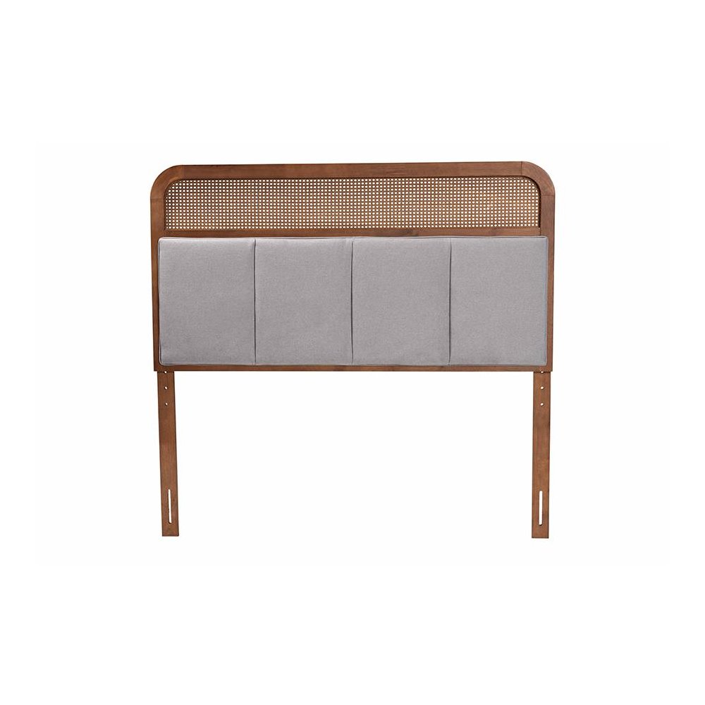 Light Grey Fabric and Ash Walnut Finished Wood King Size Headboard with Rattan
