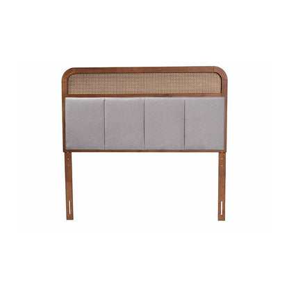 Light Grey Fabric and Ash Walnut Finished Wood King Size Headboard with Rattan