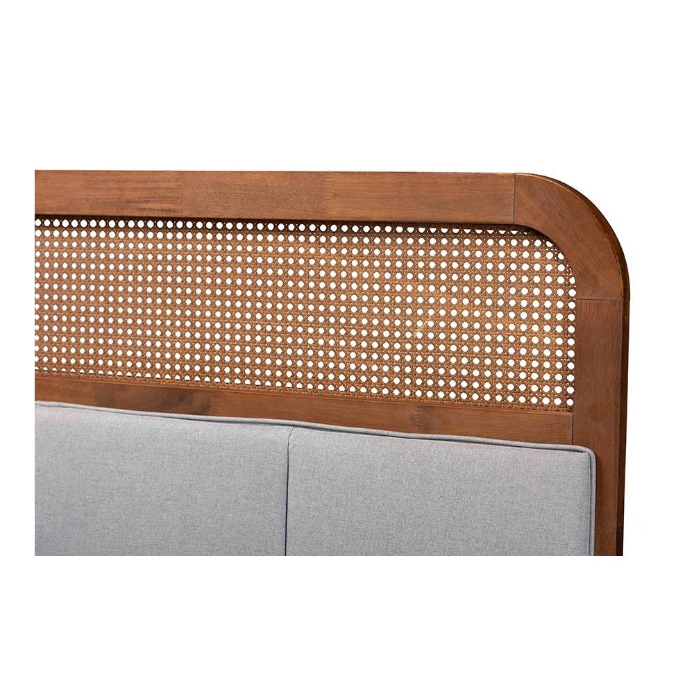 Light Grey Fabric and Ash Walnut Finished Wood King Size Headboard with Rattan