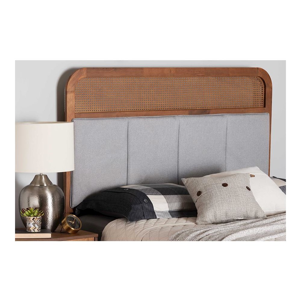 Light Grey Fabric and Ash Walnut Finished Wood King Size Headboard with Rattan