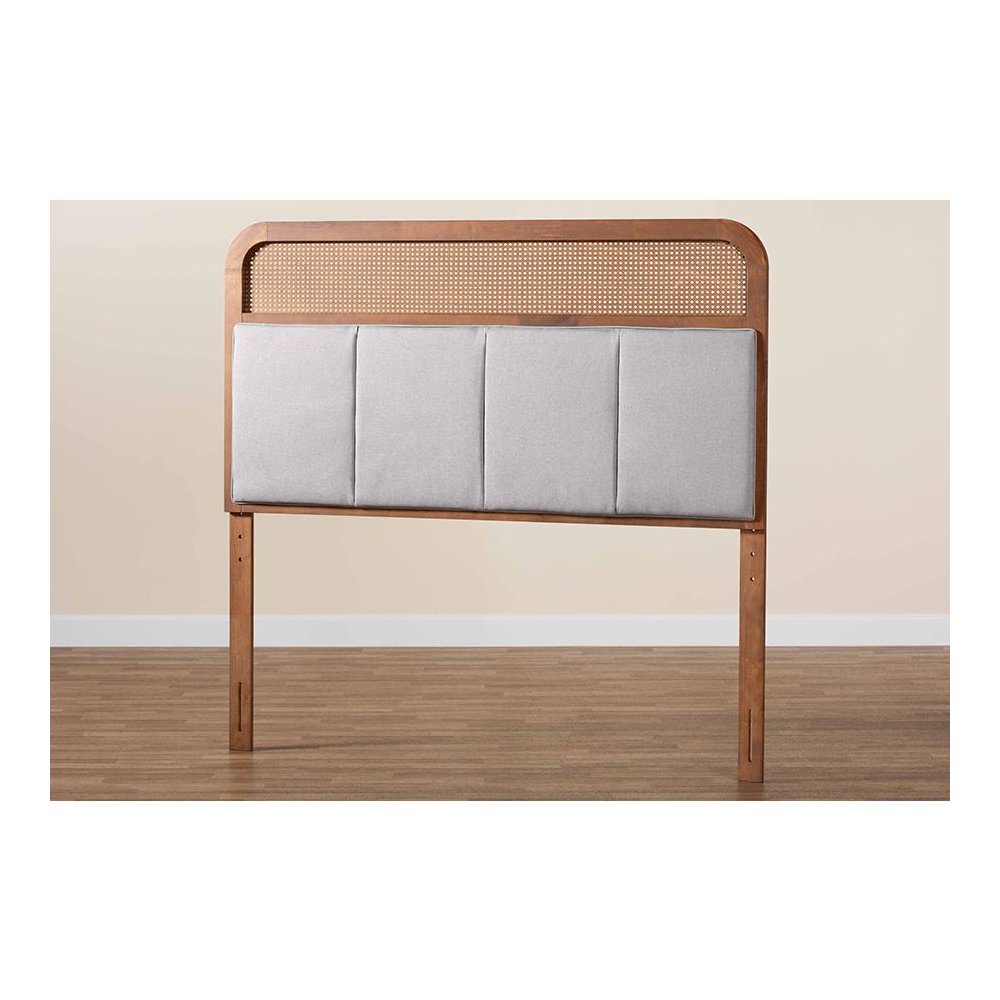 Light Grey Fabric and Ash Walnut Finished Wood King Size Headboard with Rattan