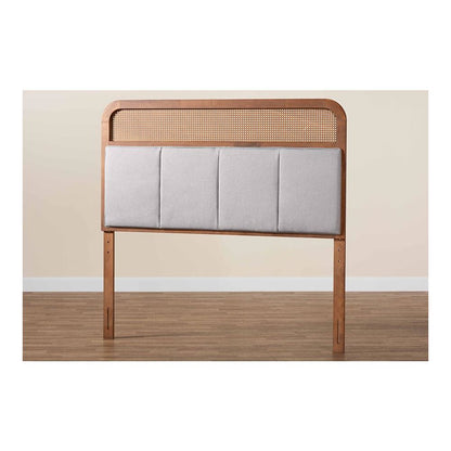 Light Grey Fabric and Ash Walnut Finished Wood King Size Headboard with Rattan