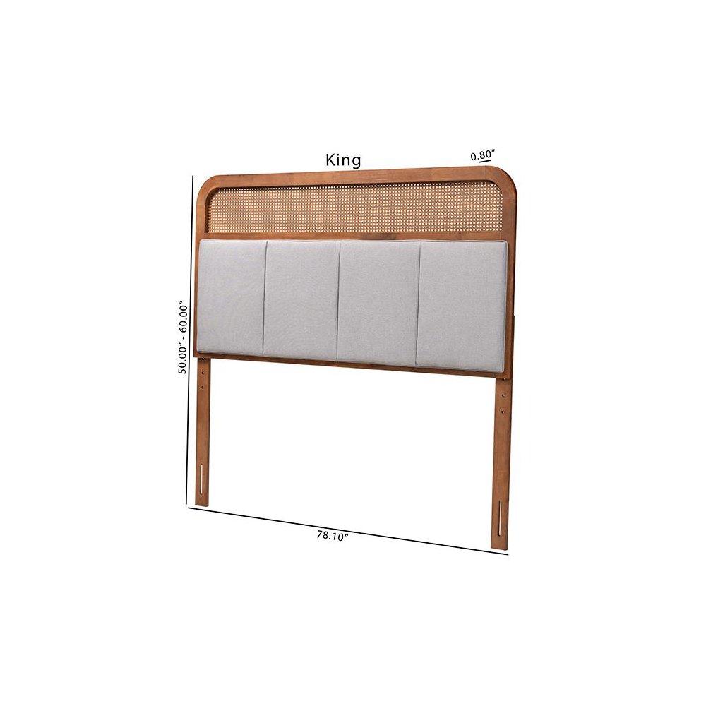 Light Grey Fabric and Ash Walnut Finished Wood King Size Headboard with Rattan
