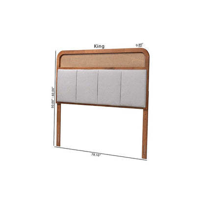 Light Grey Fabric and Ash Walnut Finished Wood King Size Headboard with Rattan