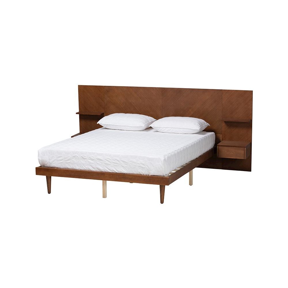Walnut Finished Wood Queen Size Platform Storage Bed with Built-In Nightstands