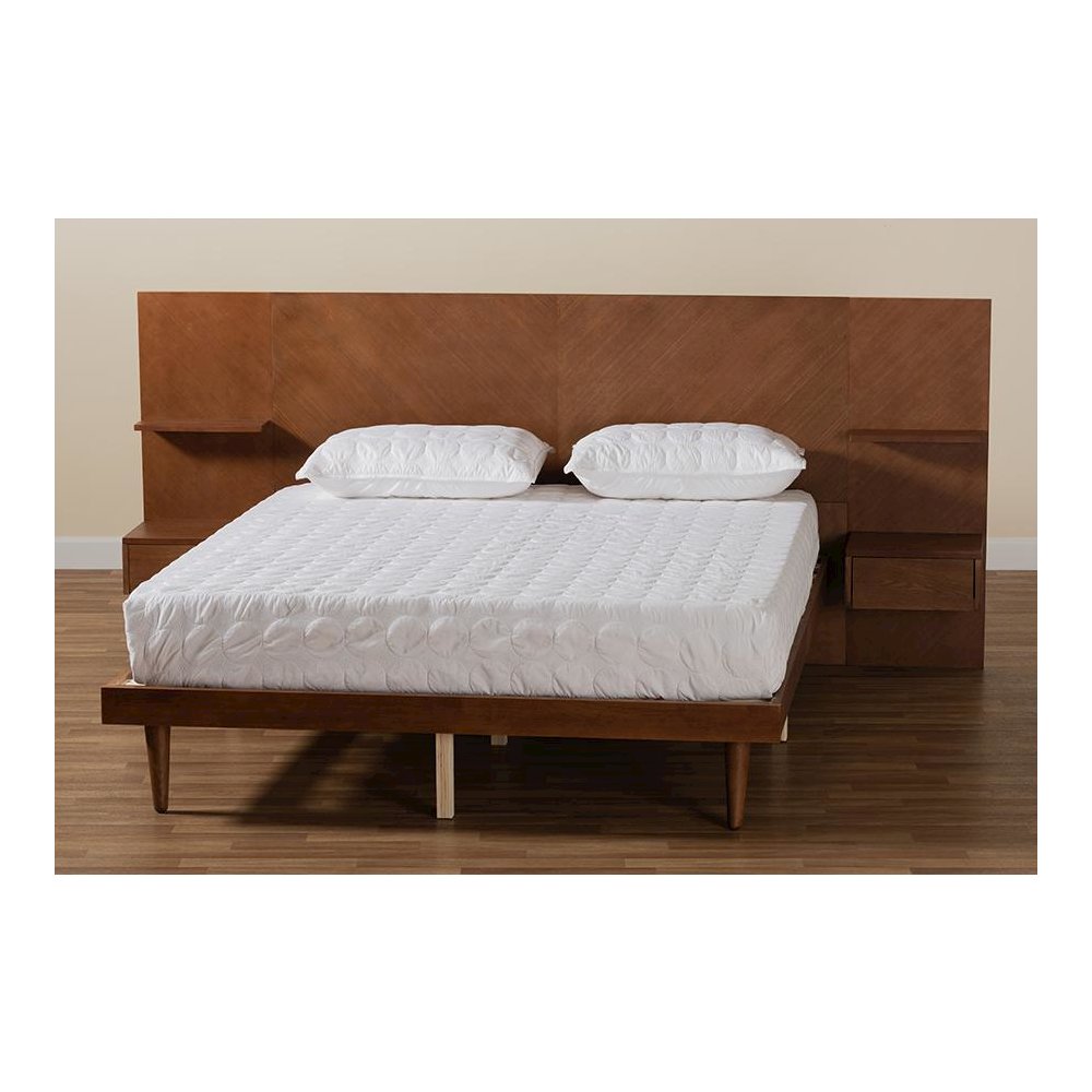 Walnut Finished Wood Queen Size Platform Storage Bed with Built-In Nightstands