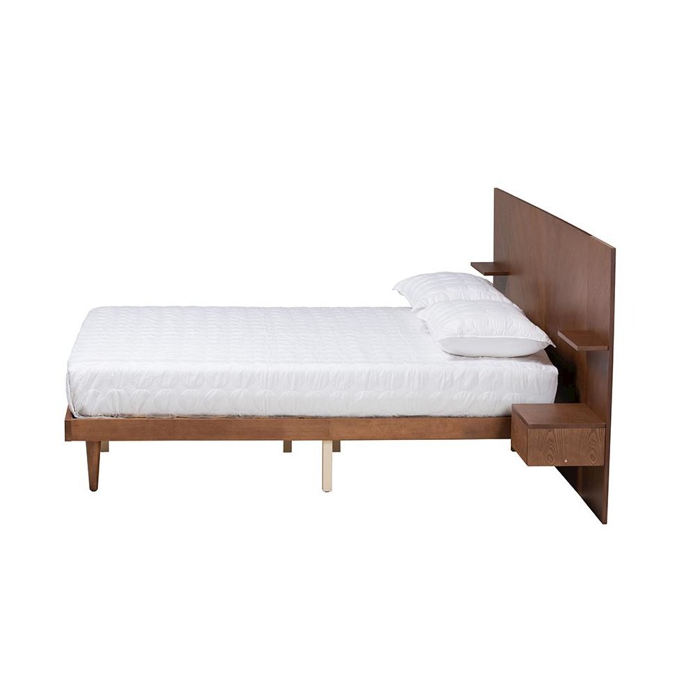 Walnut Finished Wood Queen Size Platform Storage Bed with Built-In Nightstands