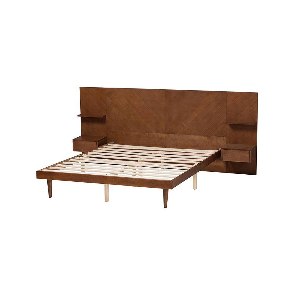 Walnut Finished Wood Queen Size Platform Storage Bed with Built-In Nightstands