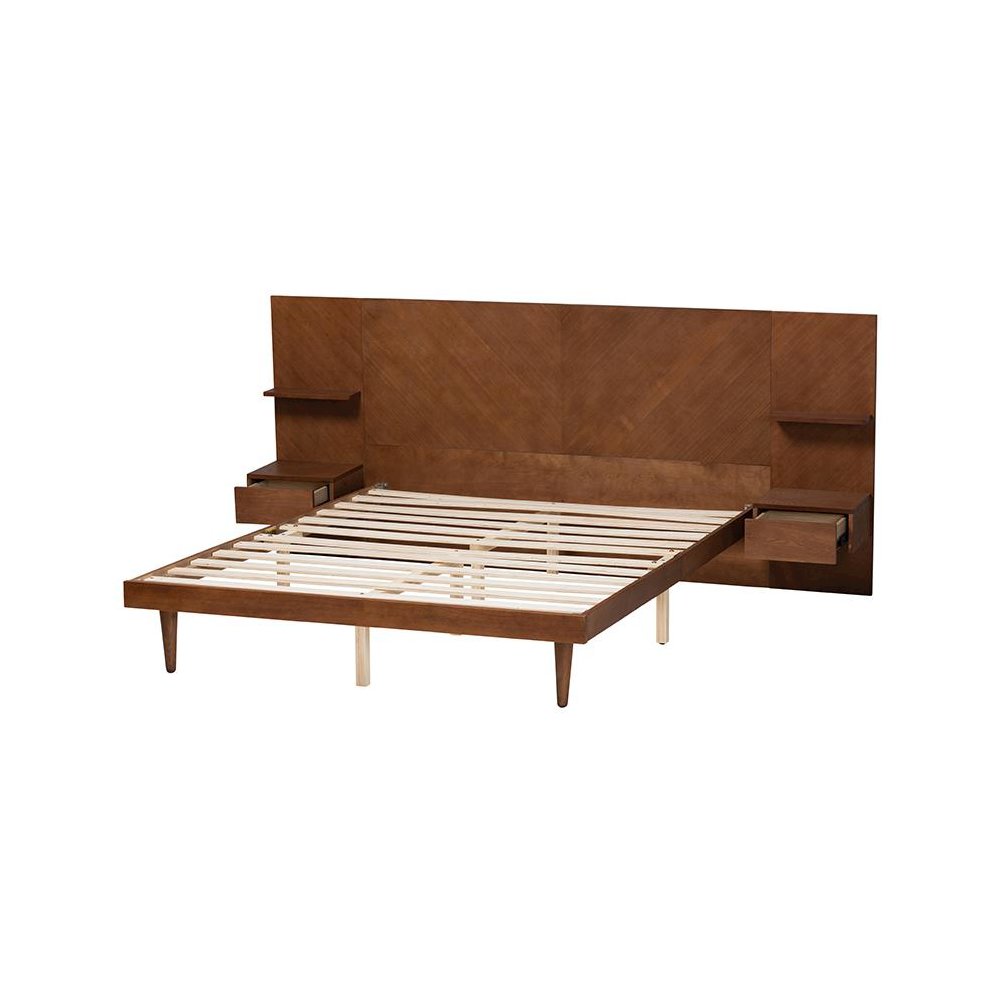 Walnut Finished Wood Queen Size Platform Storage Bed with Built-In Nightstands