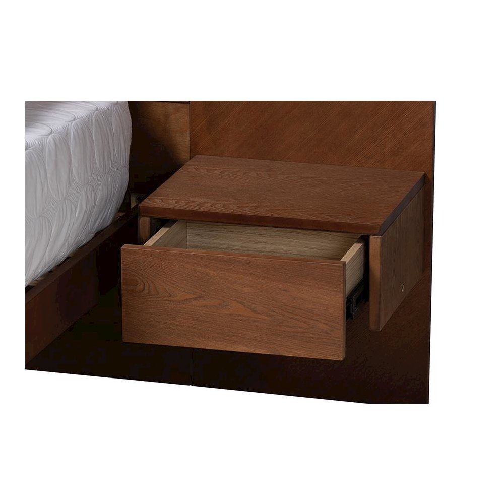 Walnut Finished Wood Queen Size Platform Storage Bed with Built-In Nightstands