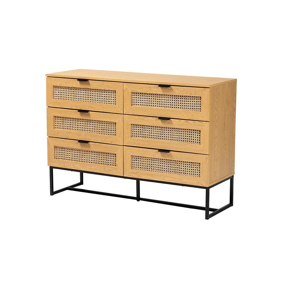 Black Metal 6-Drawer Storage Cabinet with Natural Rattan