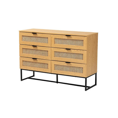 Black Metal 6-Drawer Storage Cabinet with Natural Rattan