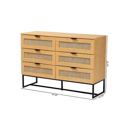 Black Metal 6-Drawer Storage Cabinet with Natural Rattan