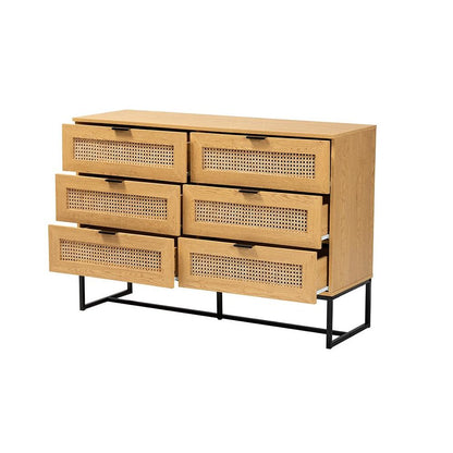 Black Metal 6-Drawer Storage Cabinet with Natural Rattan