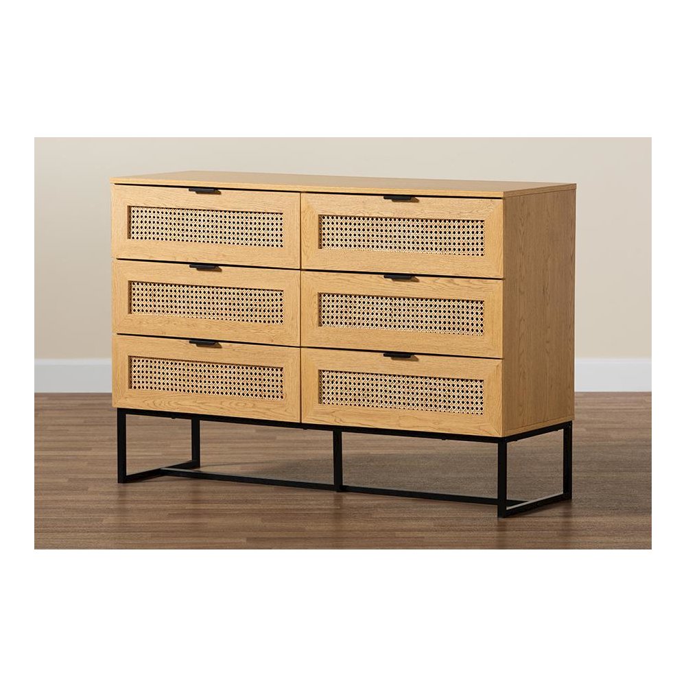 Black Metal 6-Drawer Storage Cabinet with Natural Rattan