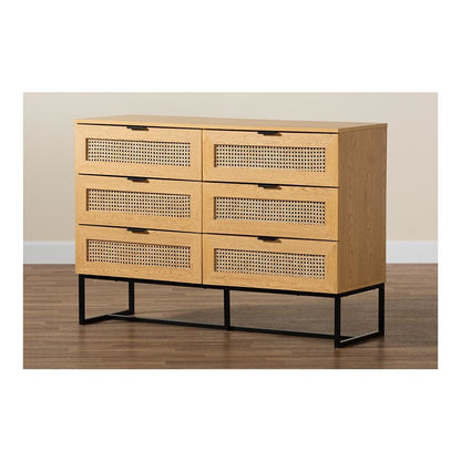 Black Metal 6-Drawer Storage Cabinet with Natural Rattan