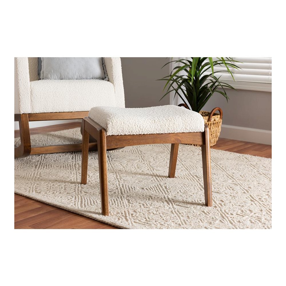 Off-White Boucle Upholstered and Walnut Brown Finished Wood Ottoman Footstool