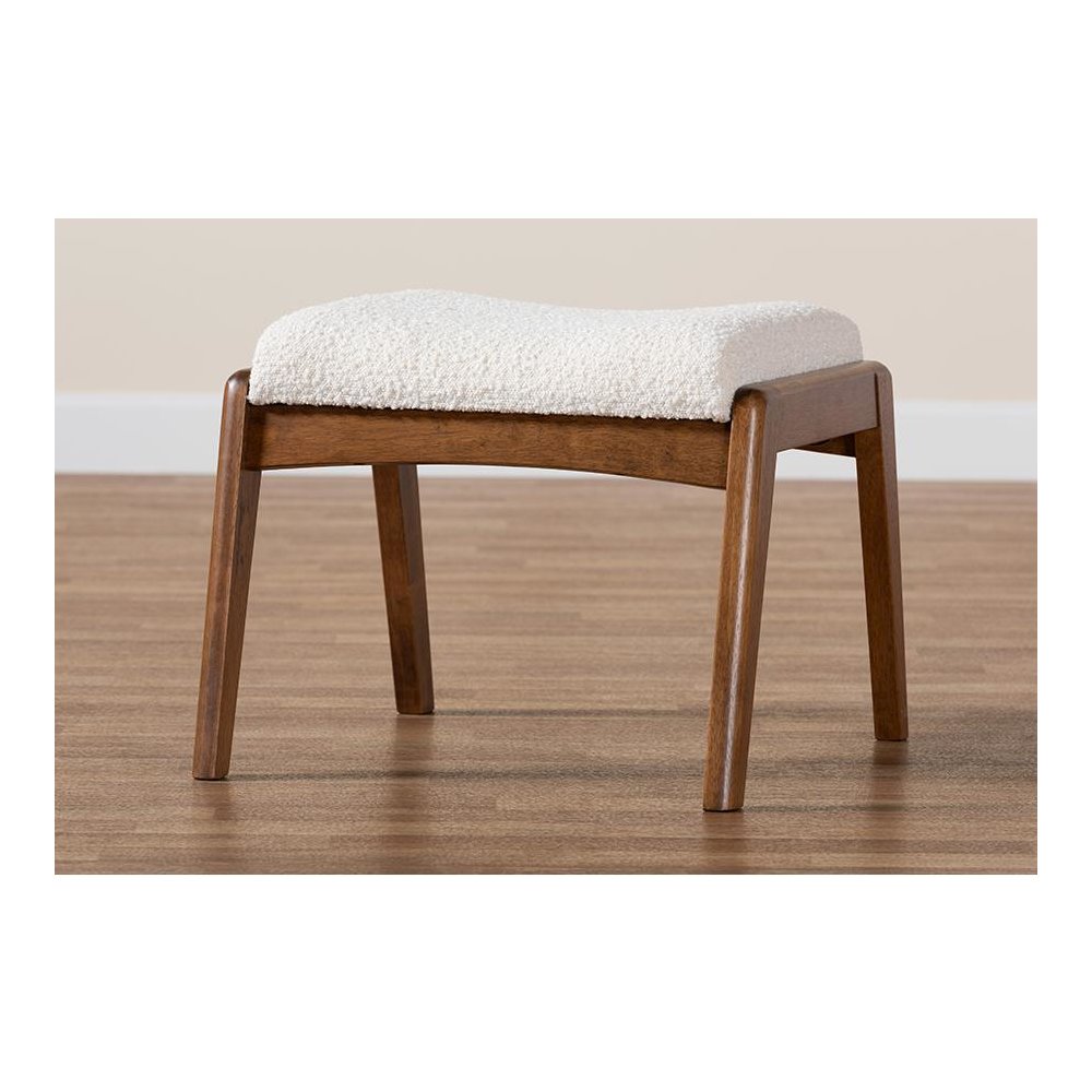Off-White Boucle Upholstered and Walnut Brown Finished Wood Ottoman Footstool