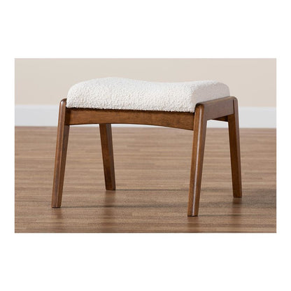 Off-White Boucle Upholstered and Walnut Brown Finished Wood Ottoman Footstool