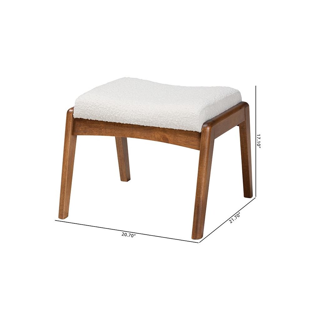 Off-White Boucle Upholstered and Walnut Brown Finished Wood Ottoman Footstool