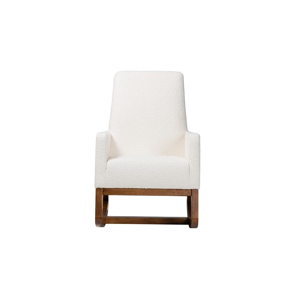 Off-White Boucle Upholstered and Walnut Brown Finished Wood Rocking Chair