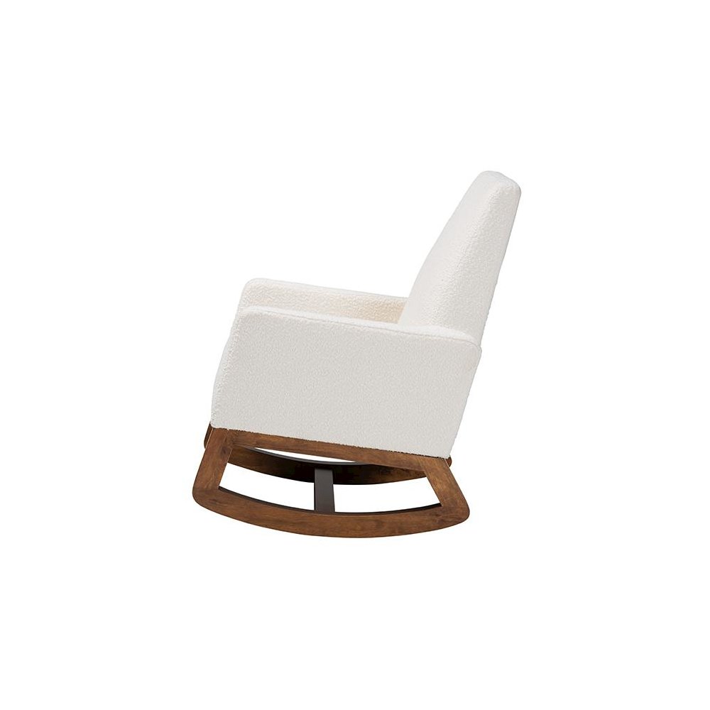 Off-White Boucle Upholstered and Walnut Brown Finished Wood Rocking Chair