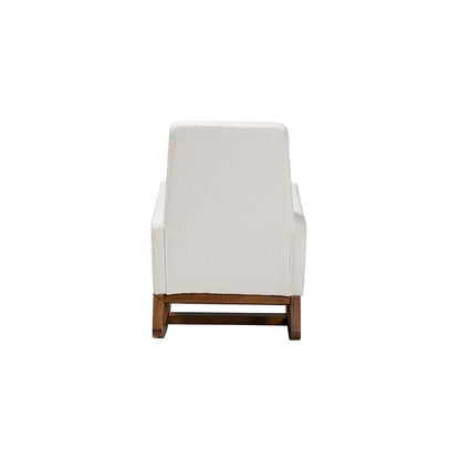 Off-White Boucle Upholstered and Walnut Brown Finished Wood Rocking Chair