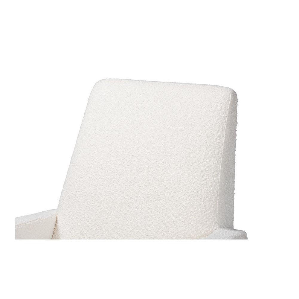 Off-White Boucle Upholstered and Walnut Brown Finished Wood Rocking Chair