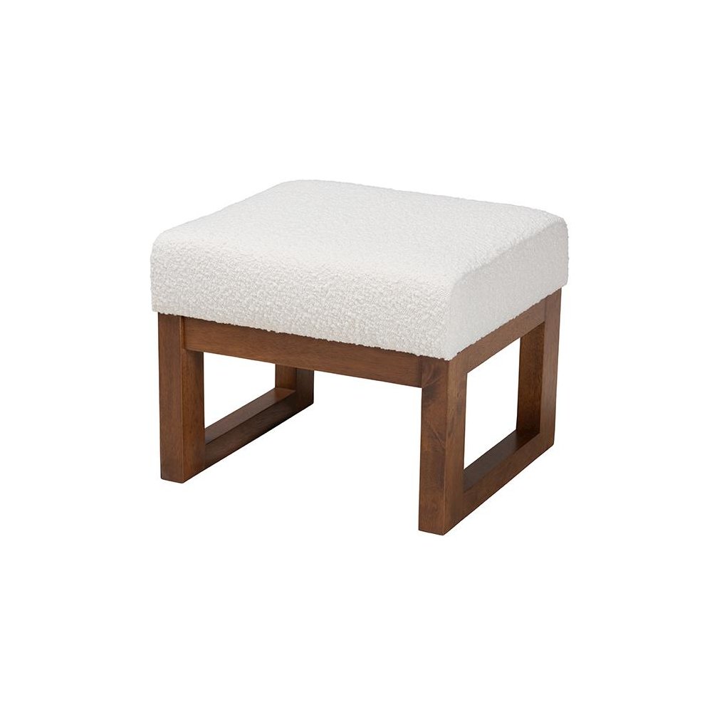 Off-White Boucle Upholstered and Walnut Brown Finished Wood Ottoman Footstool