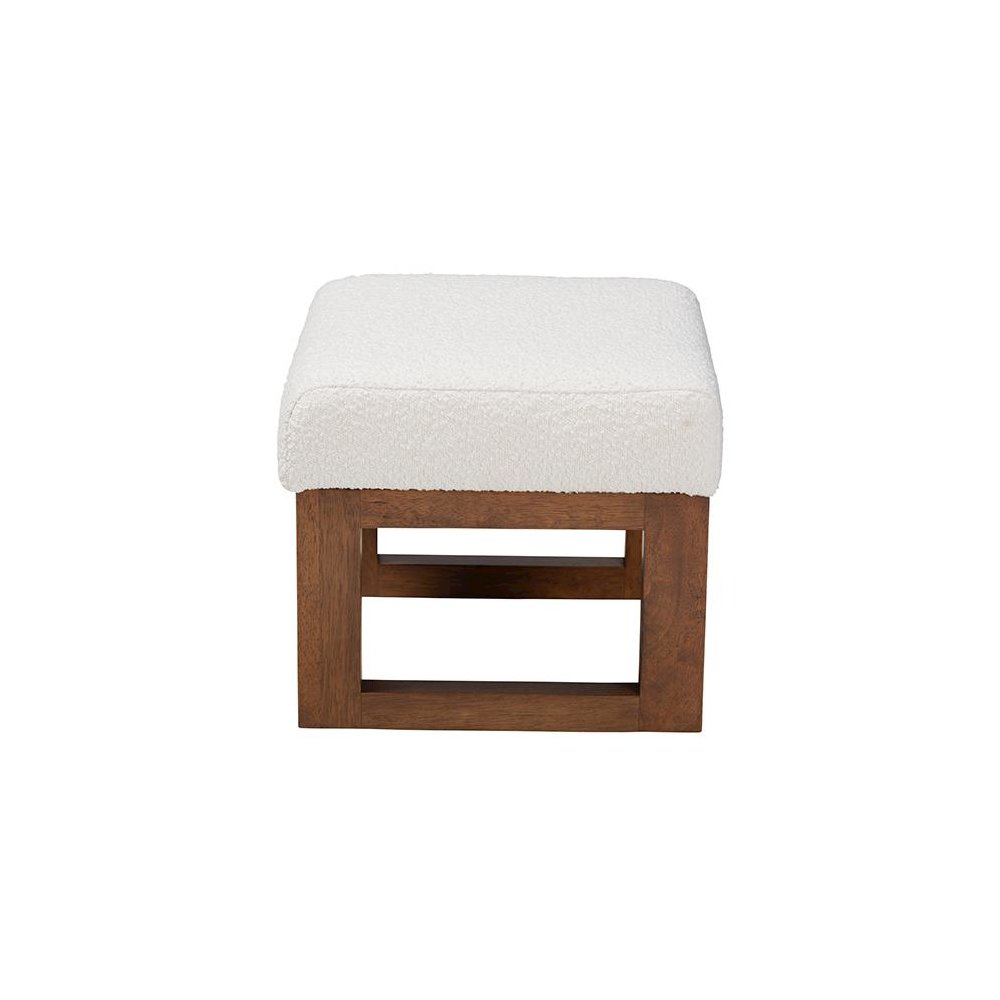 Off-White Boucle Upholstered and Walnut Brown Finished Wood Ottoman Footstool