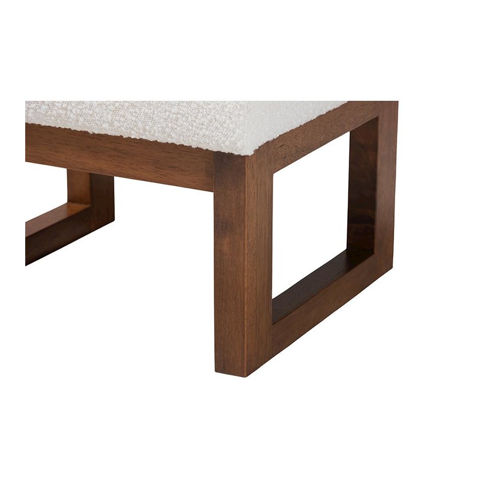 Off-White Boucle Upholstered and Walnut Brown Finished Wood Ottoman Footstool