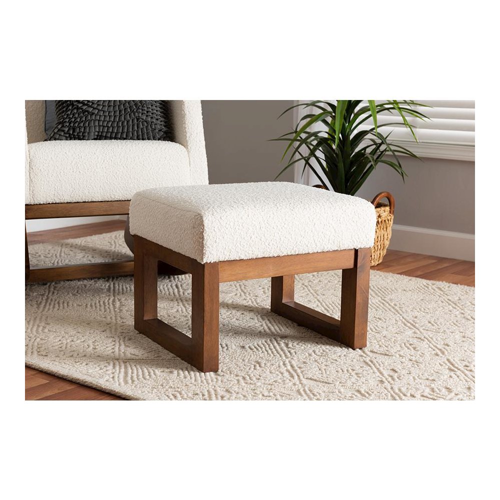 Off-White Boucle Upholstered and Walnut Brown Finished Wood Ottoman Footstool