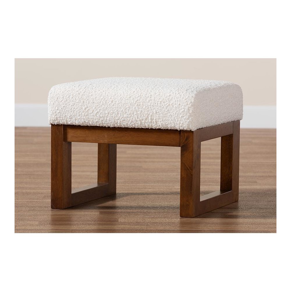Off-White Boucle Upholstered and Walnut Brown Finished Wood Ottoman Footstool