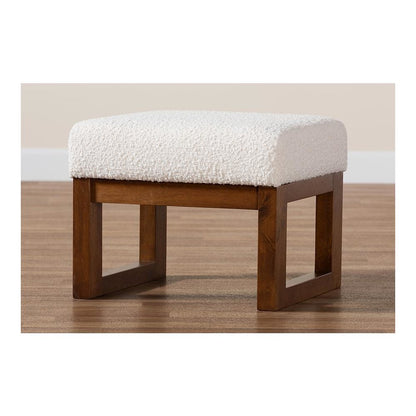 Off-White Boucle Upholstered and Walnut Brown Finished Wood Ottoman Footstool