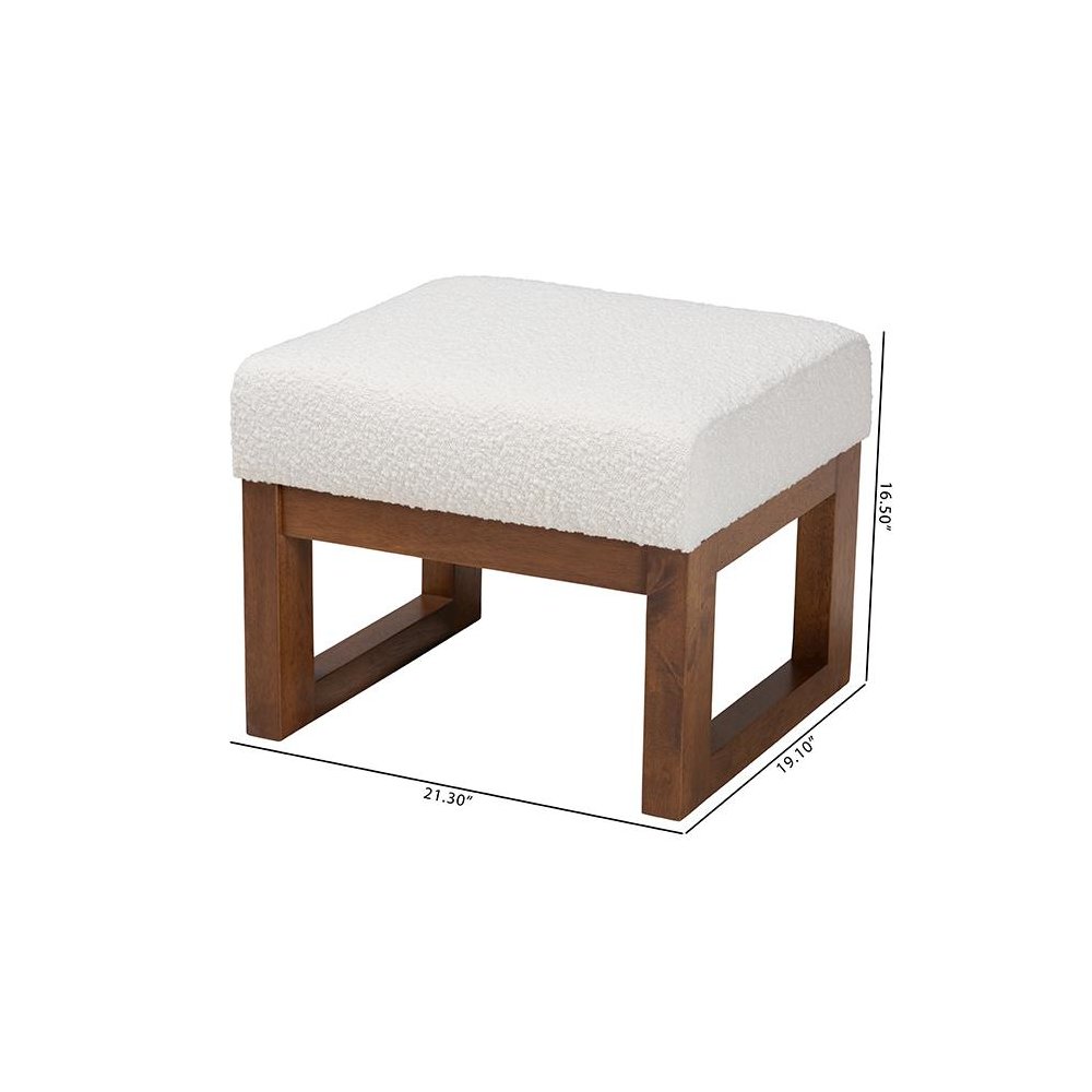 Off-White Boucle Upholstered and Walnut Brown Finished Wood Ottoman Footstool
