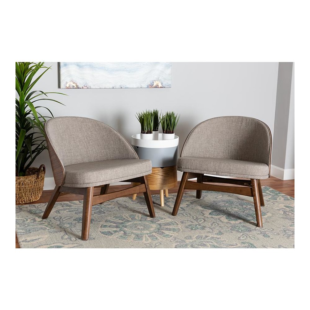 Grey Fabric and Walnut Brown Finished Wood 2-Piece Accent Chair Set