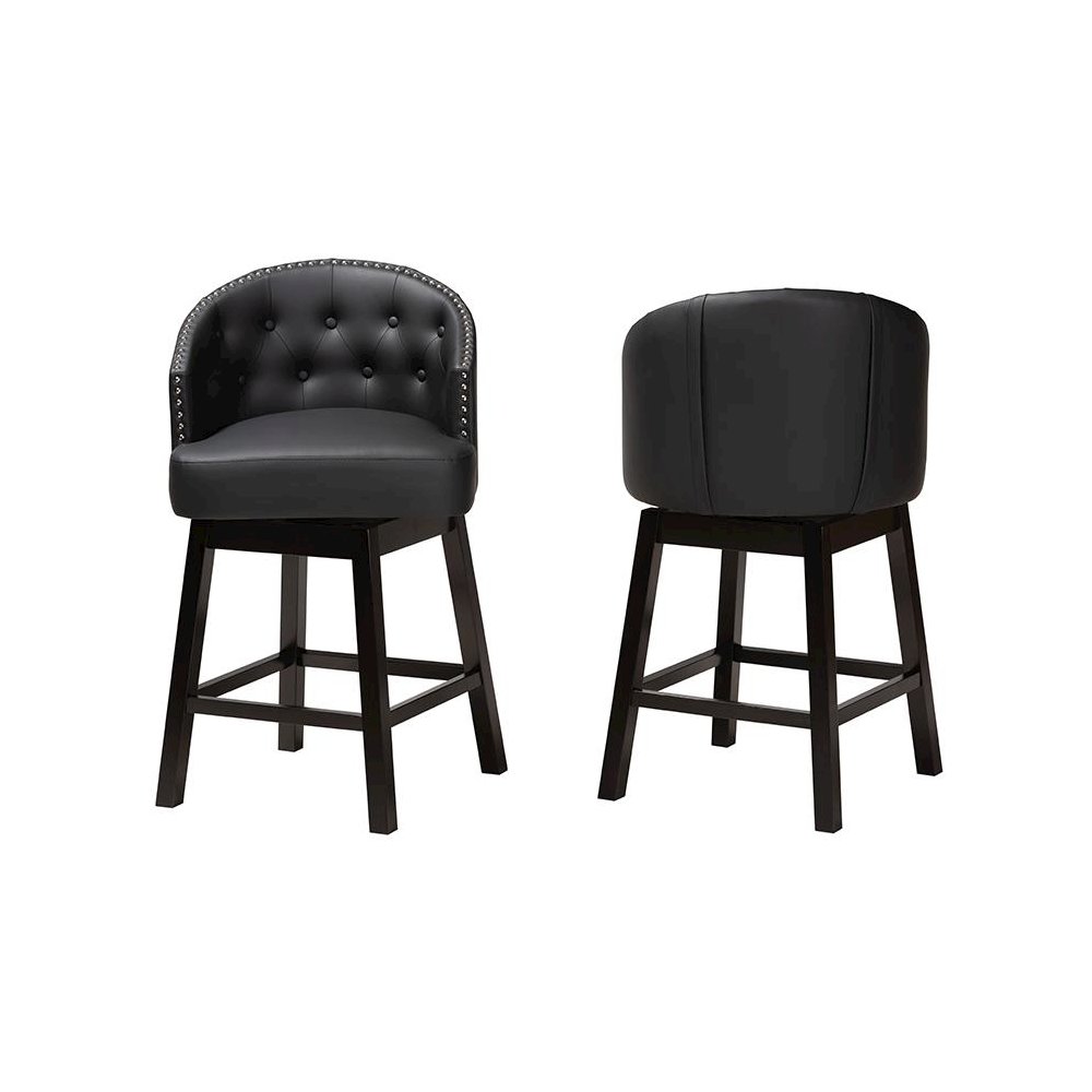 Leather and Espresso Brown Finished Wood 2-Piece Swivel Counter Stool Set