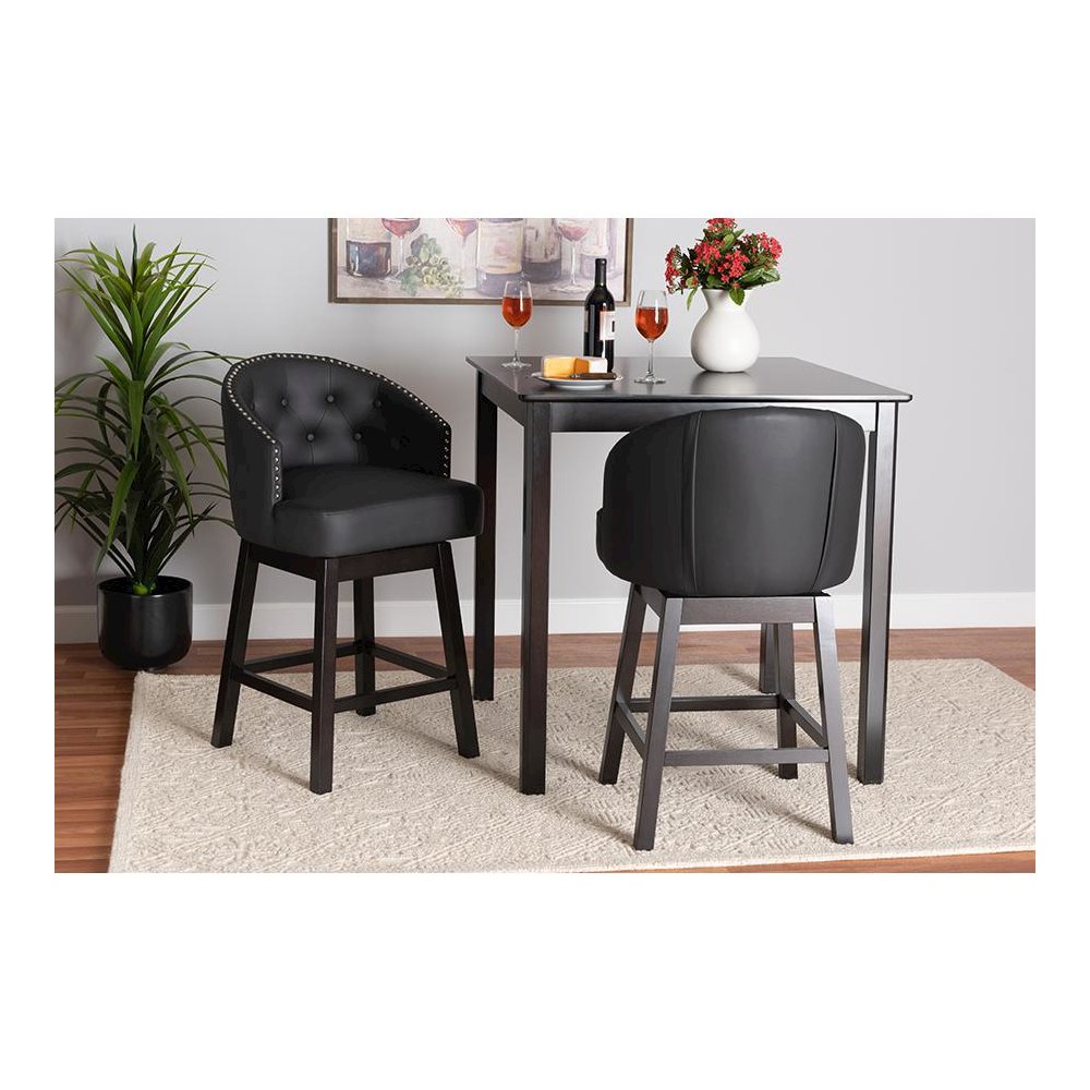 Leather and Espresso Brown Finished Wood 2-Piece Swivel Counter Stool Set