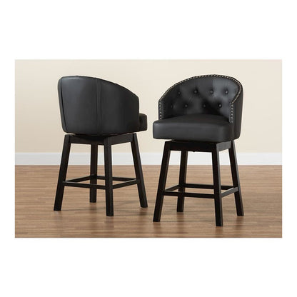 Leather and Espresso Brown Finished Wood 2-Piece Swivel Counter Stool Set
