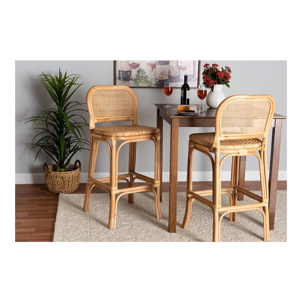 bali & pari Adrena Modern Bohemian Natural Brown Rattan Bar Stool