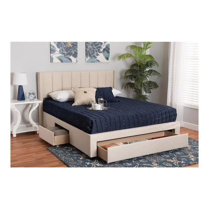 Transitional Beige Fabric Full Size 3-Drawer Storage Platform Bed