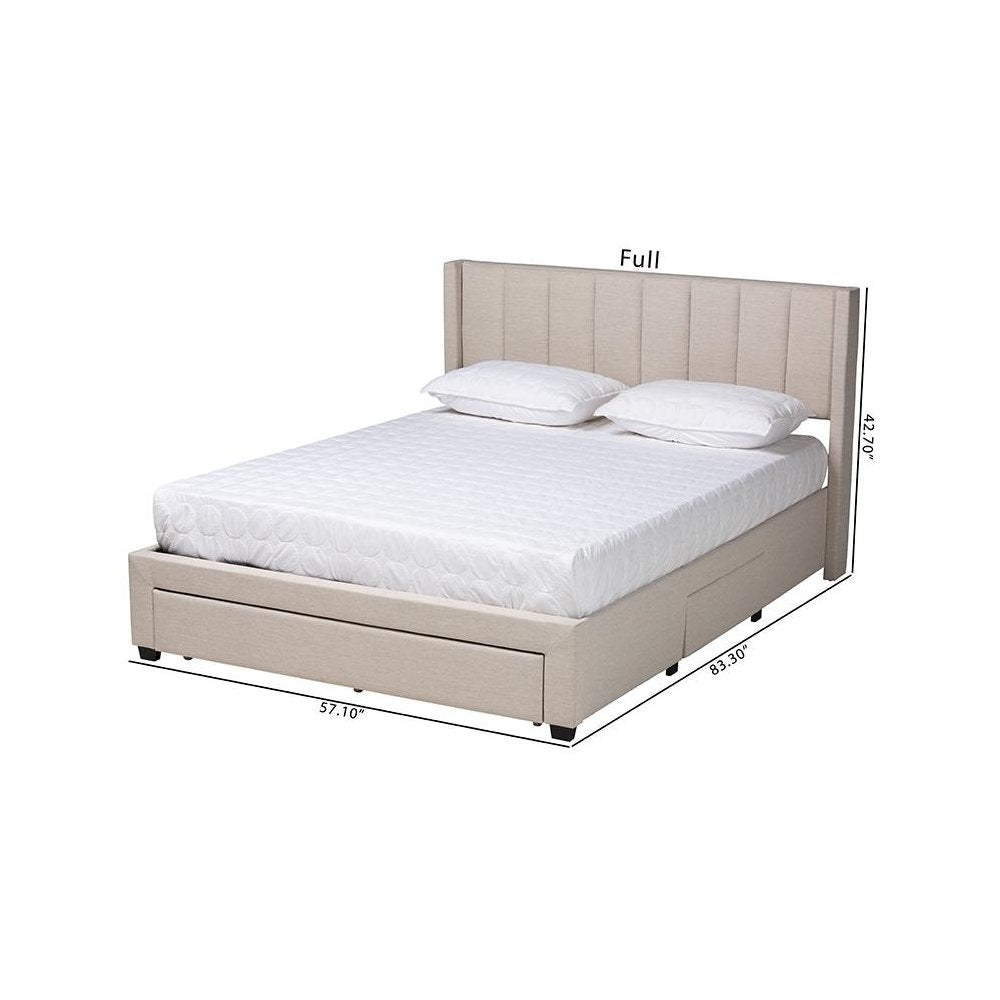 Transitional Beige Fabric Full Size 3-Drawer Storage Platform Bed