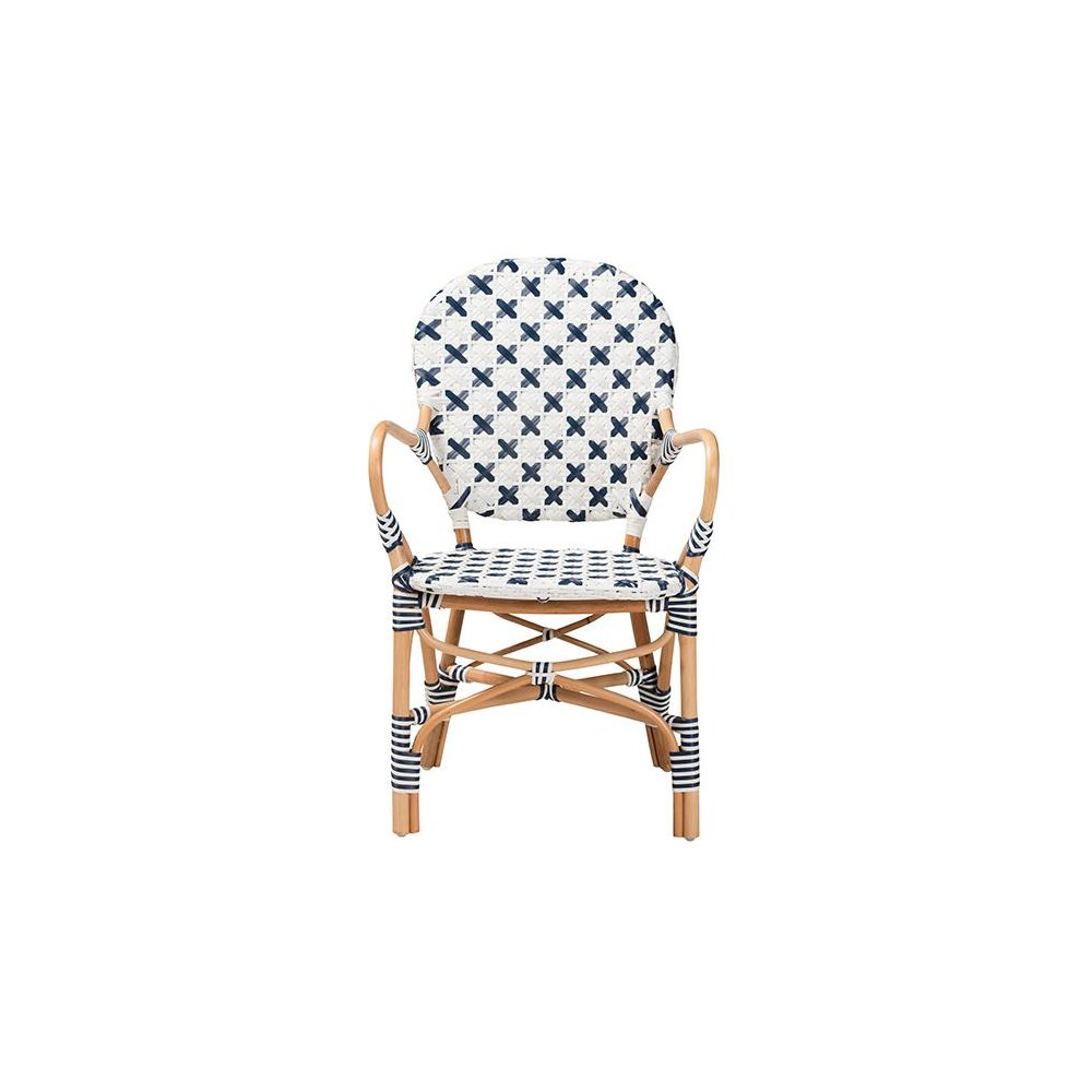 French Blue and White Weaving and Natural Rattan Bistro Chair
