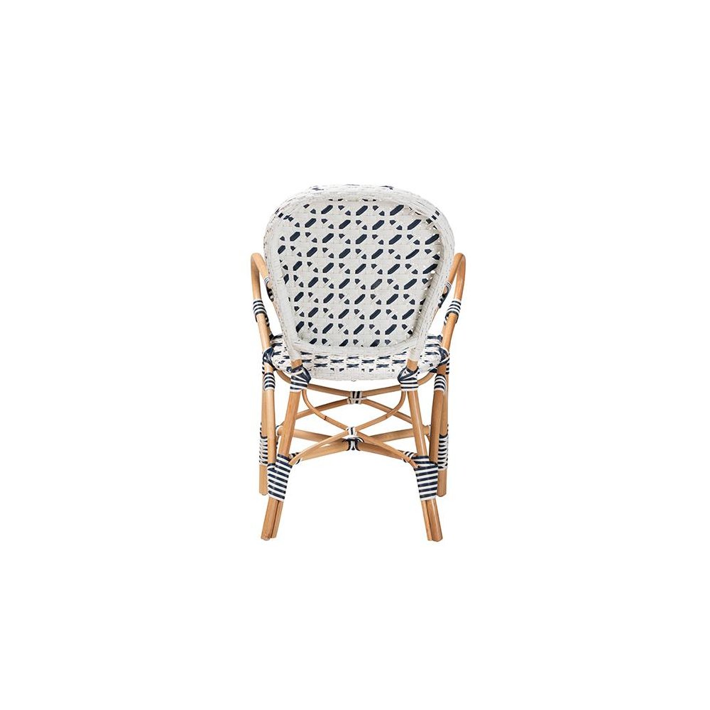 French Blue and White Weaving and Natural Rattan Bistro Chair