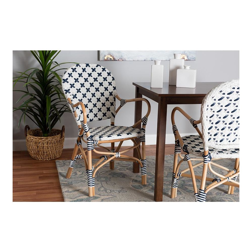French Blue and White Weaving and Natural Rattan Bistro Chair