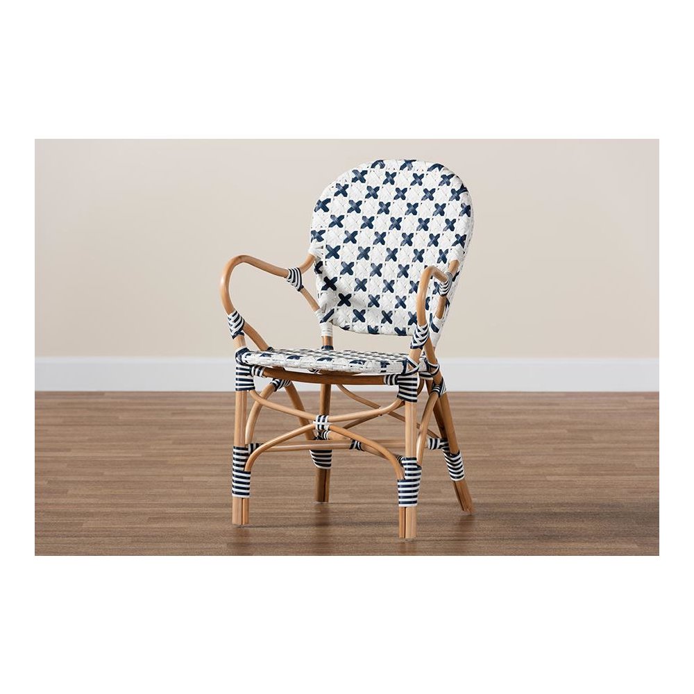 French Blue and White Weaving and Natural Rattan Bistro Chair