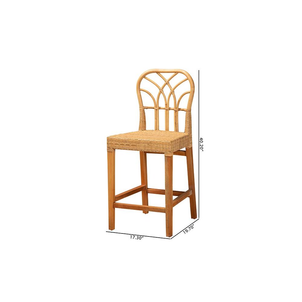 Monaco Modern Bohemian Natural Rattan and Mahogany Wood Counter Stool