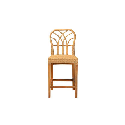 Monaco Modern Bohemian Natural Rattan and Mahogany Wood Counter Stool
