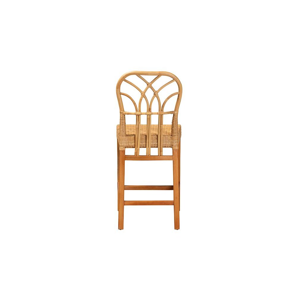 Monaco Modern Bohemian Natural Rattan and Mahogany Wood Counter Stool